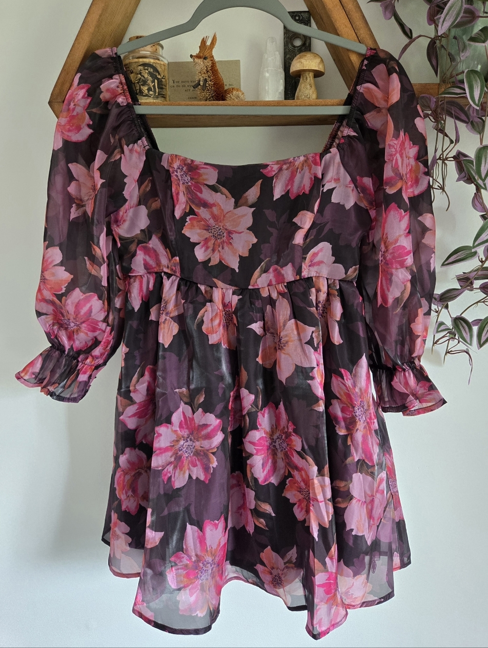 Thirty/Thirty Floral Sheer Babydoll Dress - Pink on Black
